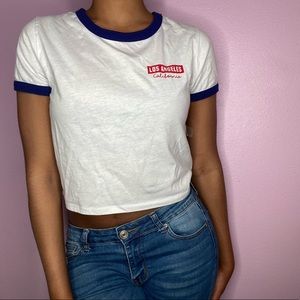 Red , Blue & White Crop Top Tee